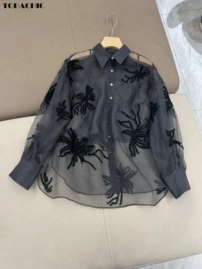 6.27 High Quality Embroidery Heavy Industry Sequins Print Temperament Sheer  Silk Long Sleeve Shirt With Strap Lining Women – AMY LOWE